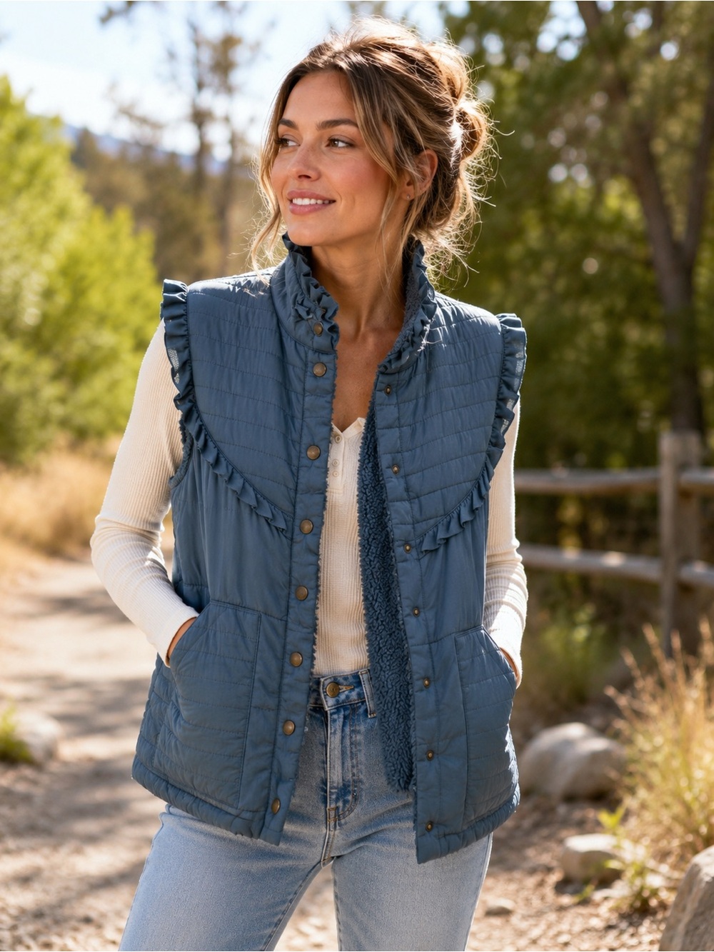 Free People Quilted Ruffle-Trim Puffer Vest in Dusty Blue